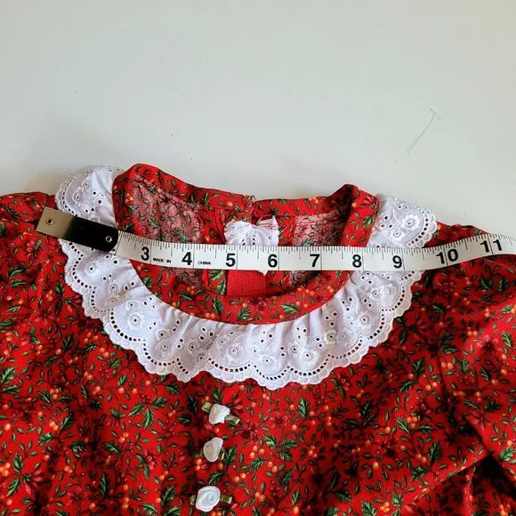 Hand made girls red dress with little roses and white lace collar. - Picture 3 of 5